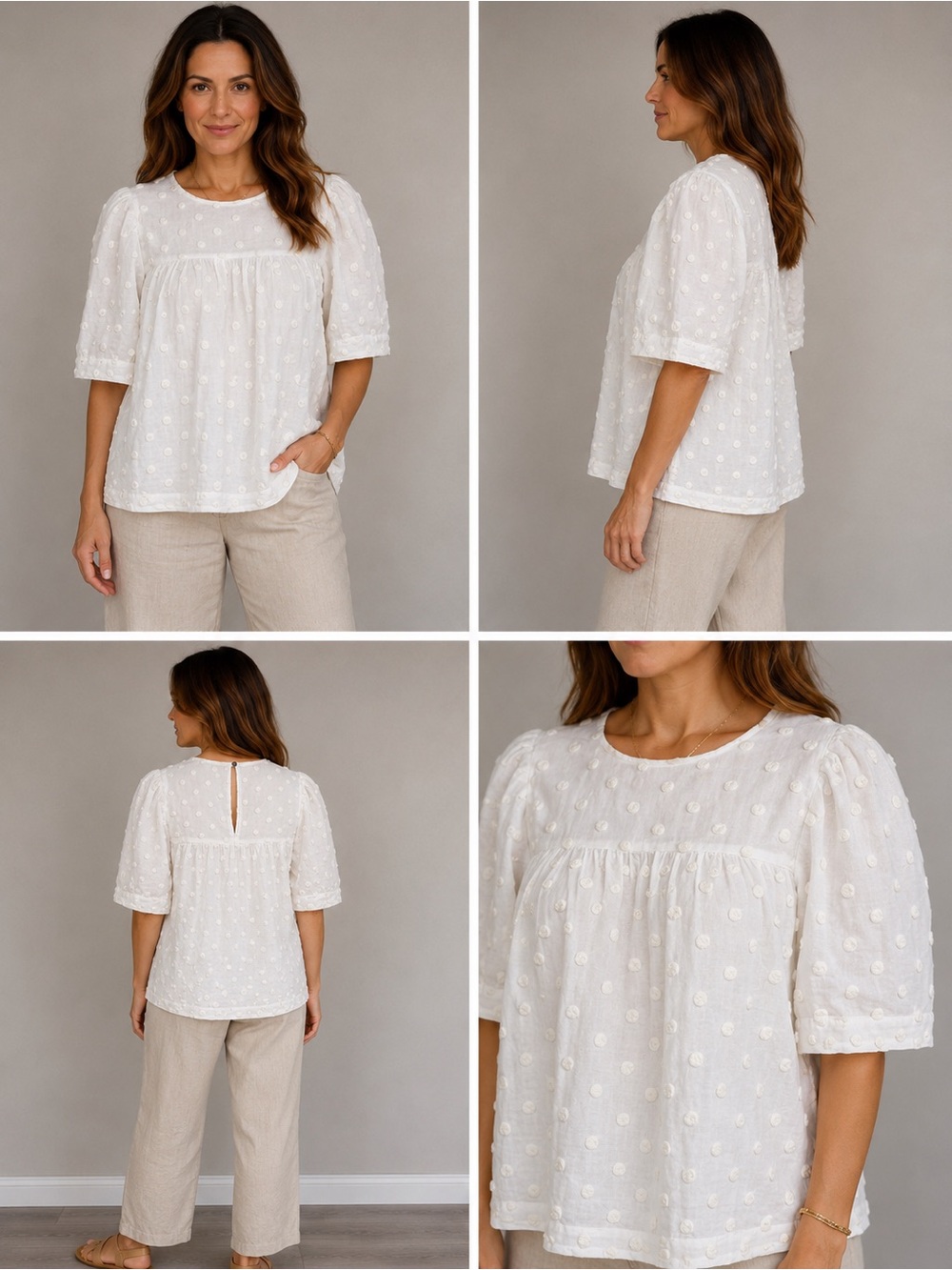 Women's White Swiss Dot Puff Sleeve Blouse